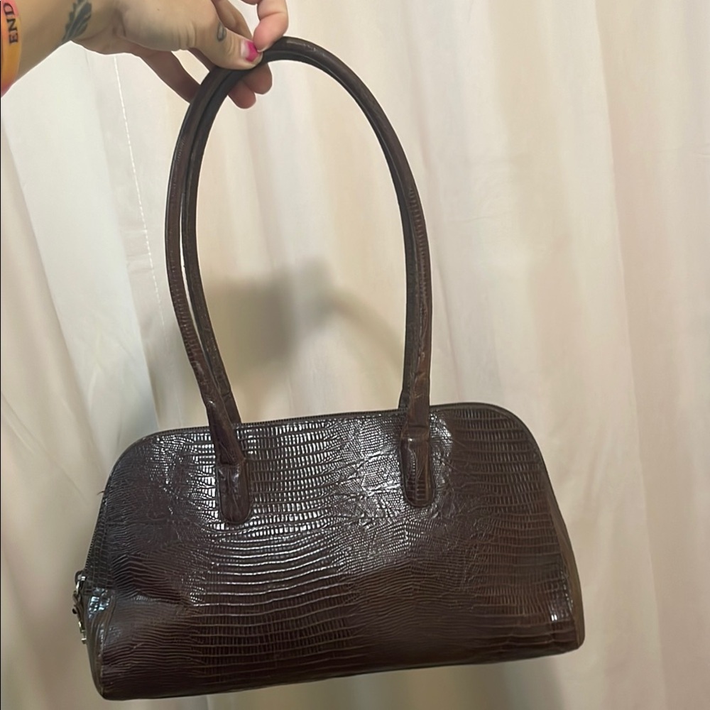 Furla Dark Brown Genuine Leather Reptile Shoulder Bag